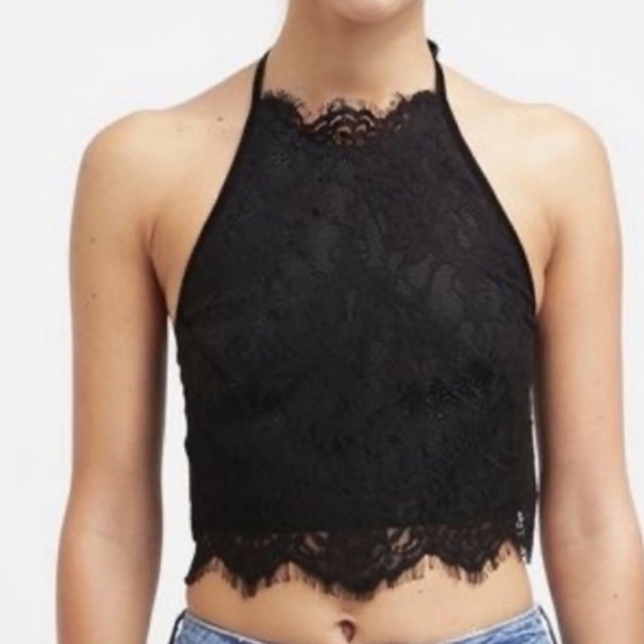 TopShop lined lace halter top with velvet tie and hook/eye closure - Picture 1 of 8